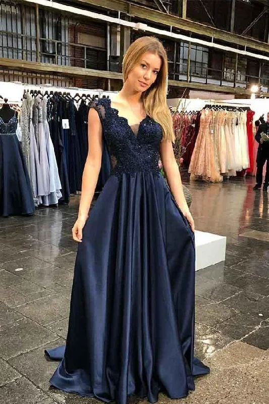 Midi - length party dresses for a modest and fashionable choiceV-neck Cap Sleeves Sweep Train Navy Prom Party Dress with Appliques PM212 Midi - length party dresses for a modest and fashionable choiceV-neck Cap Sleeves Sweep Train Navy Prom Party Dress with Appliques PM212