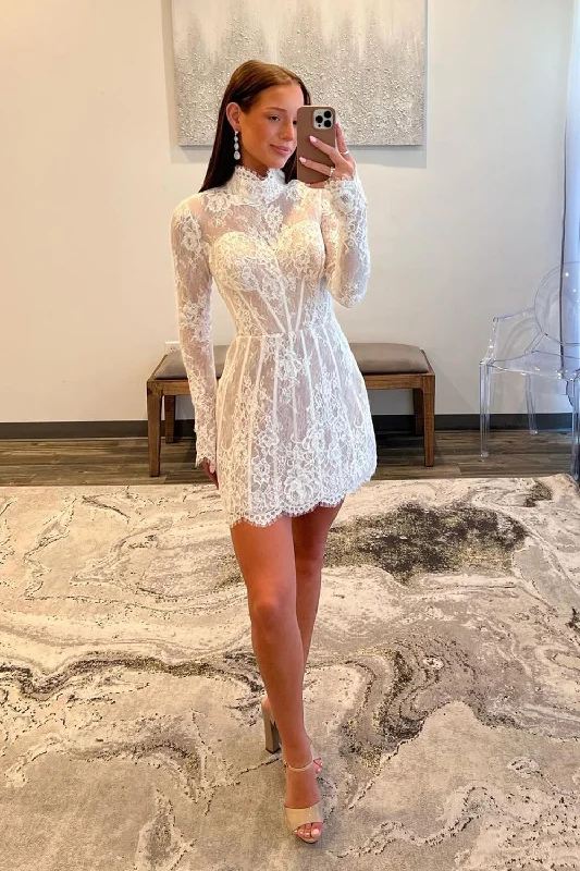 Party dresses with a unique neckline, like a sweetheart or square neckWhite A-Line Lace Long Sleeves High Neck Short Prom Dress Party dresses with a unique neckline, like a sweetheart or square neckWhite A-Line Lace Long Sleeves High Neck Short Prom Dress