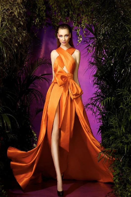 Formal dresses with ruffled skirts and bow accents for a charming prom appearanceZiad Germanos WA0070 Formal dresses with ruffled skirts and bow accents for a charming prom appearanceZiad Germanos WA0070