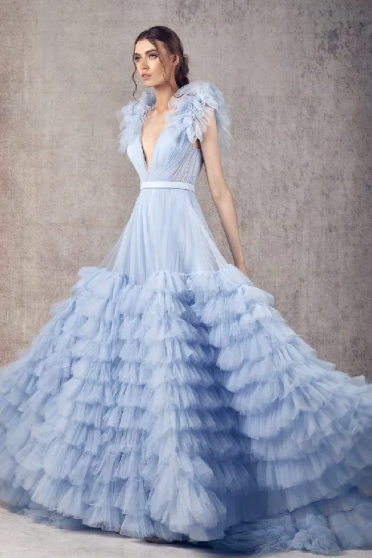 Formal dresses with cold - shoulder ruffled sleeves and floral prints for a romantic and trendy formal styleZiad Germanos WA0122 Formal dresses with cold - shoulder ruffled sleeves and floral prints for a romantic and trendy formal styleZiad Germanos WA0122