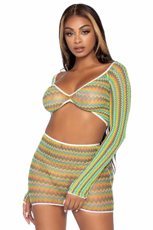 Poncho - style cover ups for a cozy and fashionable beach accessory2 Piece Zigzag Net Gauntlet Sleeve Crop Top & Mini Skirt Set Poncho - style cover ups for a cozy and fashionable beach accessory2 Piece Zigzag Net Gauntlet Sleeve Crop Top & Mini Skirt Set