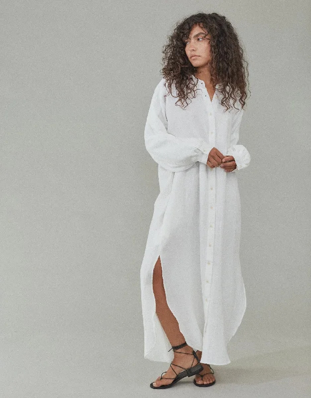 Wrap - around cover ups for a customizable fitLena Organic Cotton Gauze Maxi Shirt Dress Soft White Wrap - around cover ups for a customizable fitLena Organic Cotton Gauze Maxi Shirt Dress Soft White
