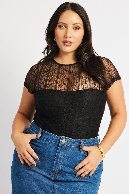 Printed Bodysuits with Floral Patterns for a Feminine VibeBlack Bodysuit Short Sleeve Crew Neck Lace Printed Bodysuits with Floral Patterns for a Feminine VibeBlack Bodysuit Short Sleeve Crew Neck Lace