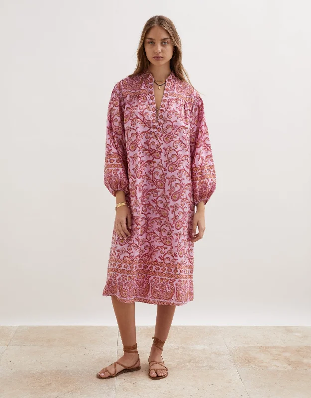 Sustainable organic cotton cover ups for eco - conscious beach loversKiki Nazar Midi Cotton Dress Pink Print Sustainable organic cotton cover ups for eco - conscious beach loversKiki Nazar Midi Cotton Dress Pink Print