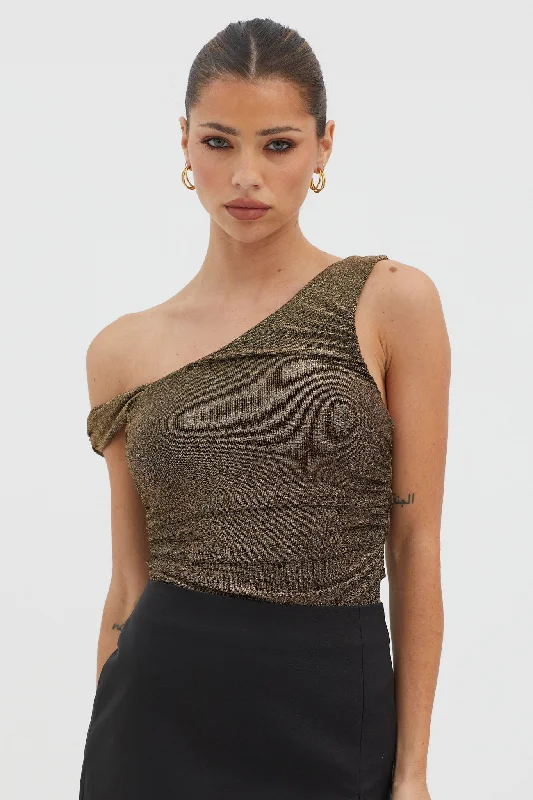 Button - Front Bodysuits with a Classic and Timeless AppealDeirdre Asymmetrical Strap Bodysuit Black/Gold Button - Front Bodysuits with a Classic and Timeless AppealDeirdre Asymmetrical Strap Bodysuit Black/Gold
