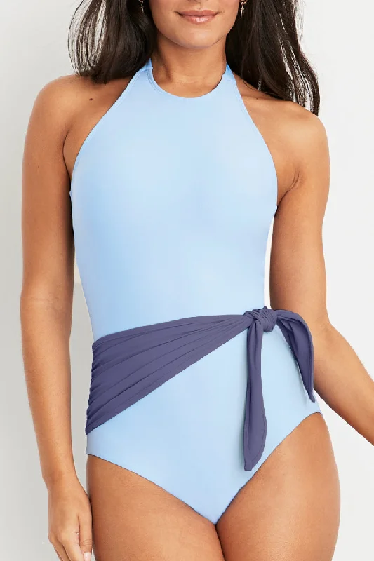 Women's Sleeveless One - Pieces in Yellow with Floral Appliques for a Cheerful and Spring - Like LookGenevieve High Halter Neck Sash Tie One-Piece Swimsuit Women's Sleeveless One - Pieces in Yellow with Floral Appliques for a Cheerful and Spring - Like LookGenevieve High Halter Neck Sash Tie One-Piece Swimsuit