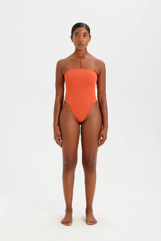 Women's Long - Length One - Pieces in Gray with Asymmetric Hem for a Contemporary and Fashionable LookLuna One Piece - Rust Women's Long - Length One - Pieces in Gray with Asymmetric Hem for a Contemporary and Fashionable LookLuna One Piece - Rust