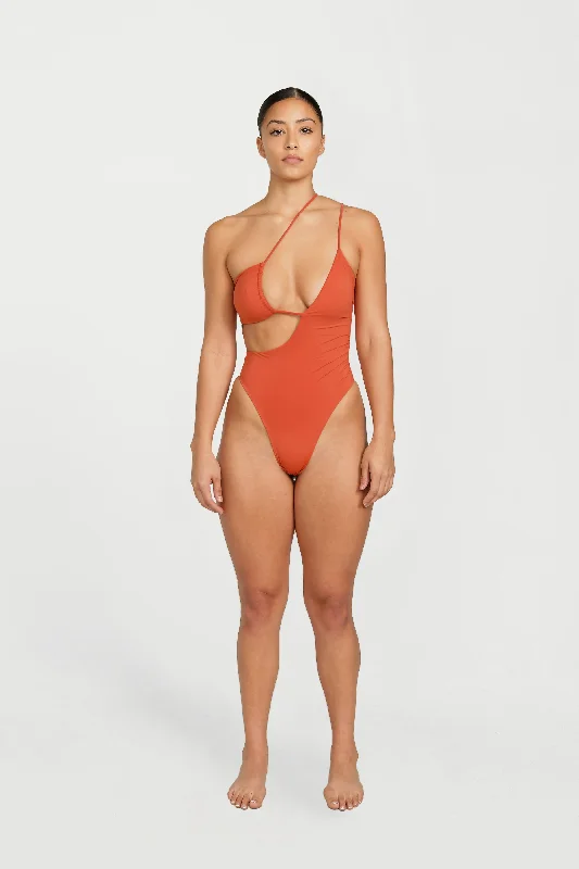 Plus Size Women's Striped One - Pieces in Navy and White for a Nautical - Inspired EnsembleNina One Piece - Rust Plus Size Women's Striped One - Pieces in Navy and White for a Nautical - Inspired EnsembleNina One Piece - Rust