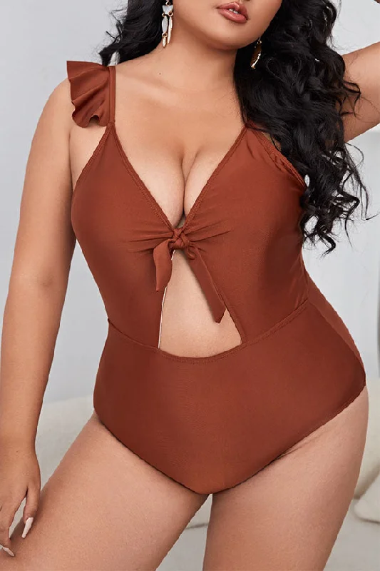 Plus Size Women's Ruffled Hem One - Pieces in Pink for a Feminine and Flirty Summer OutfitPlus Size Brown Solid Color Cut Out One Piece Swimsuit Plus Size Women's Ruffled Hem One - Pieces in Pink for a Feminine and Flirty Summer OutfitPlus Size Brown Solid Color Cut Out One Piece Swimsuit