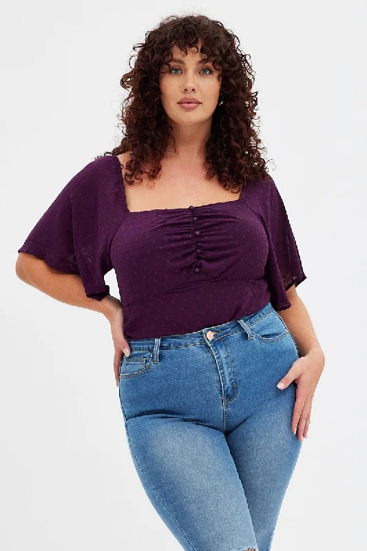 Purple Ruched Bodysuit Short Sleeve