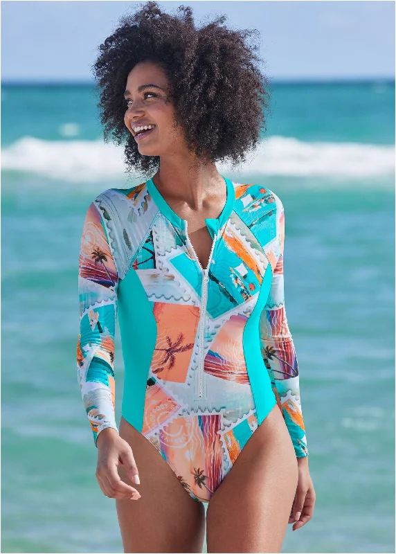 Women's Long - Length One - Pieces in Gray with Asymmetric Hem for a Contemporary and Fashionable LookRASH GUARD ONE-PIECE - Vacation Letter Women's Long - Length One - Pieces in Gray with Asymmetric Hem for a Contemporary and Fashionable LookRASH GUARD ONE-PIECE - Vacation Letter