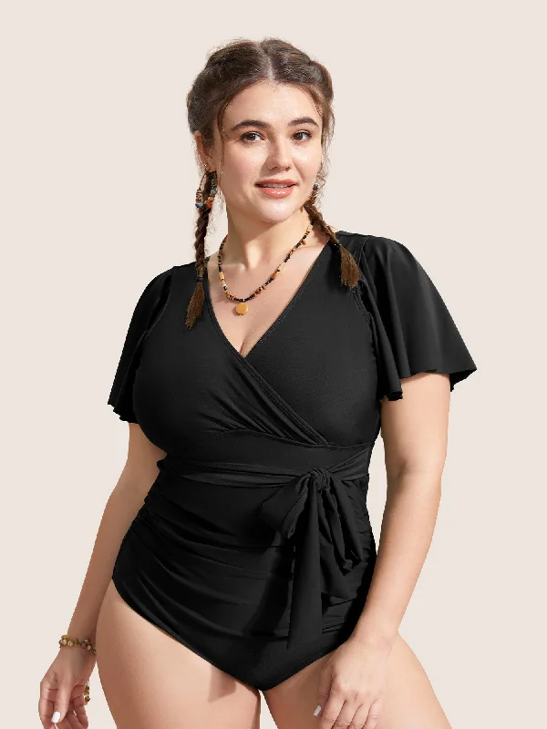 Women's Sleeveless One - Pieces in Yellow with Floral Appliques for a Cheerful and Spring - Like LookSolid Overlap Collar Ruffle Sleeve One Piece Swimsuit Women's Sleeveless One - Pieces in Yellow with Floral Appliques for a Cheerful and Spring - Like LookSolid Overlap Collar Ruffle Sleeve One Piece Swimsuit
