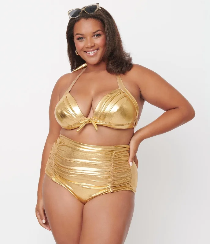 Women's Halter Neck Swim Tops with Tie - Back in Neon Colors for a Bold Summer VibeUnique Vintage Plus Size Gold Monroe Halter Swim Top Women's Halter Neck Swim Tops with Tie - Back in Neon Colors for a Bold Summer VibeUnique Vintage Plus Size Gold Monroe Halter Swim Top